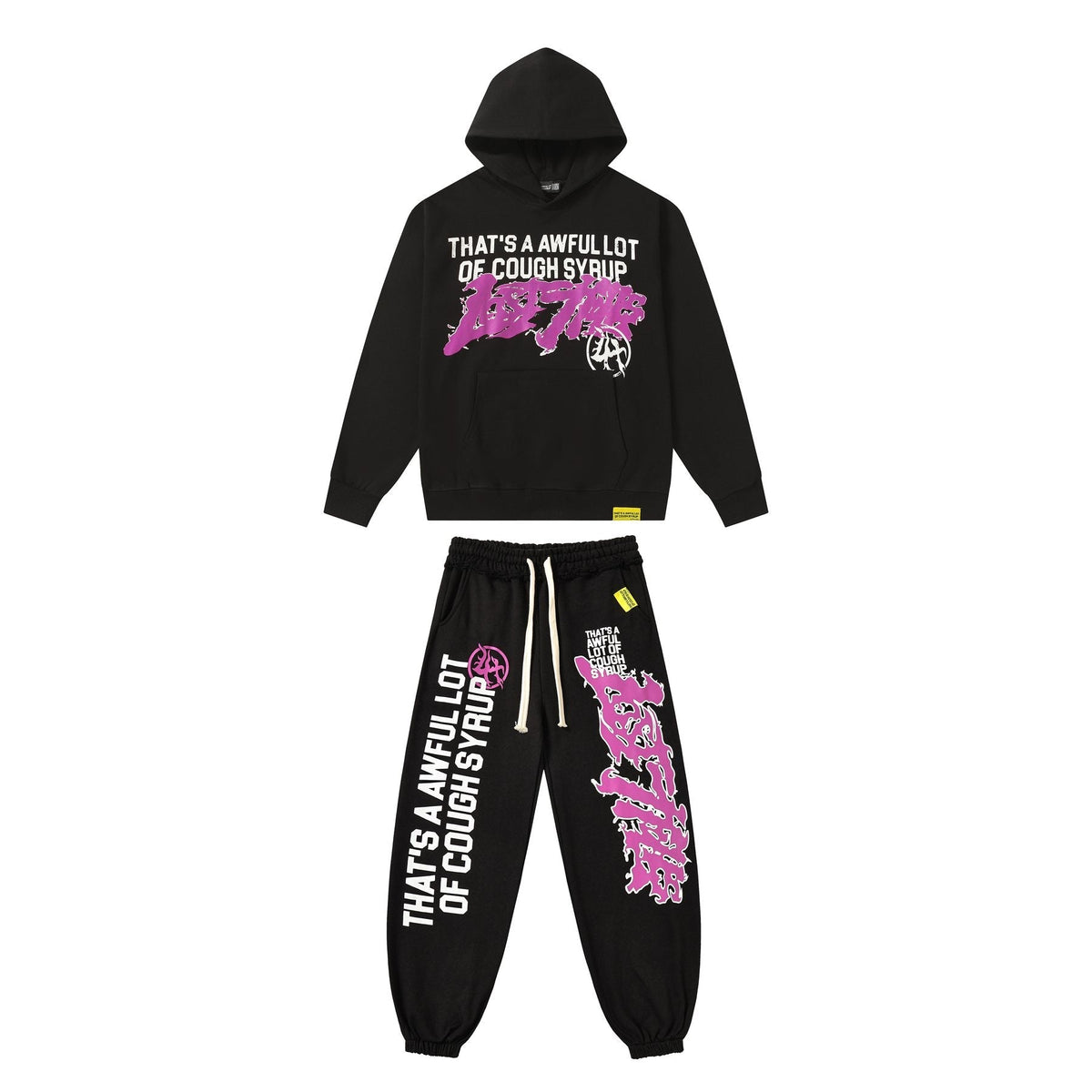 THAT'S A AWFUL LOT OF COUGH SYRUP Black Graphic Hoodie & Sweatpants Matching Set ¡ª front